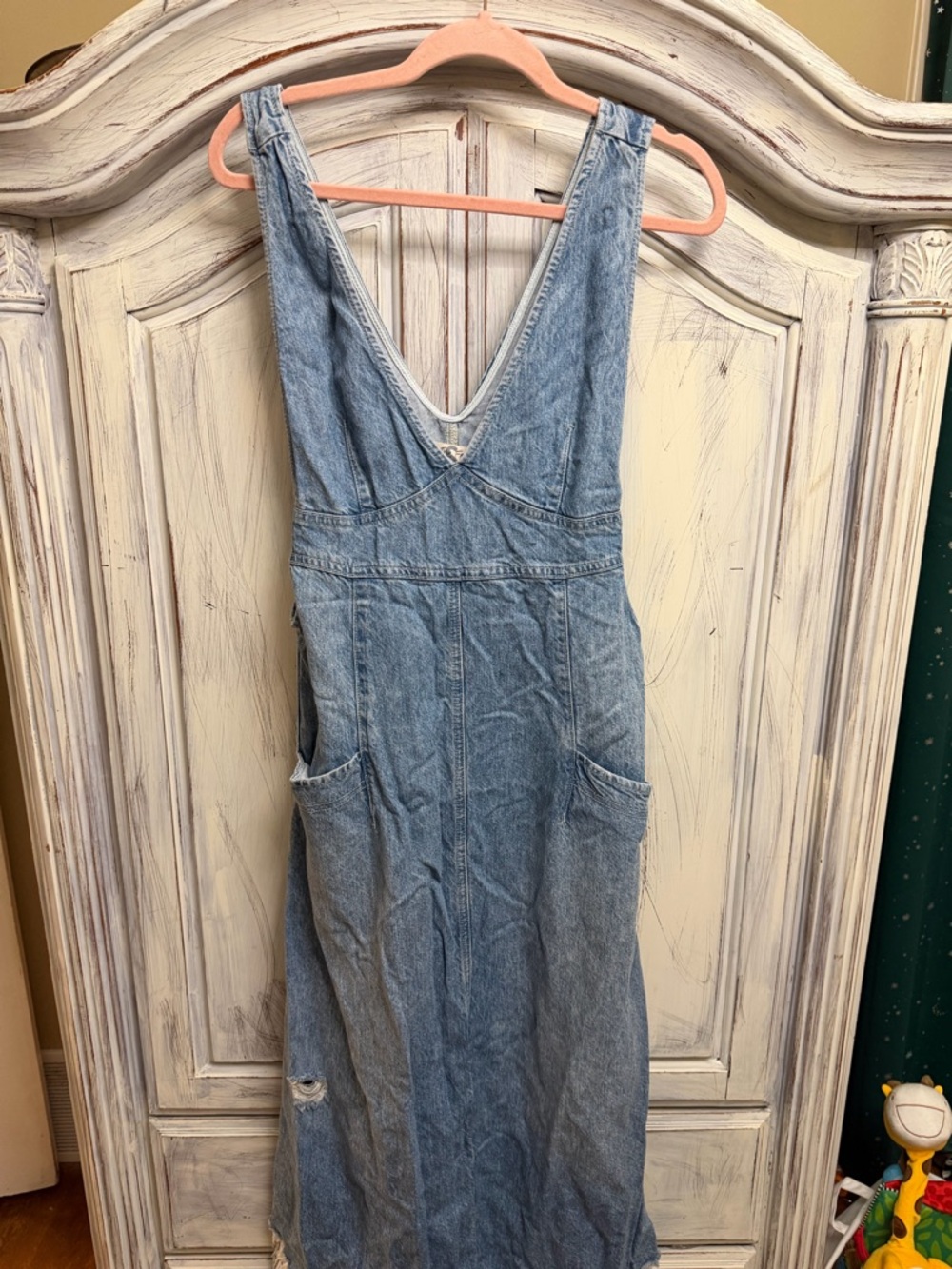 Free People We The Free Denim Overall Dress Small Boho Maxi Pinafore Distressed